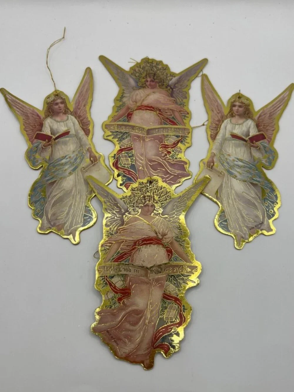 Lot of 4 Vtg Victorian Angel Cherubs Die Cut Ornaments Pastel Gold Trim 5”